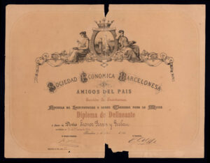 Diploma de delineant a favor de Leonor Ferrer expedit el 1905 per la Sociedad Económica Barcelonesa Amigos del País